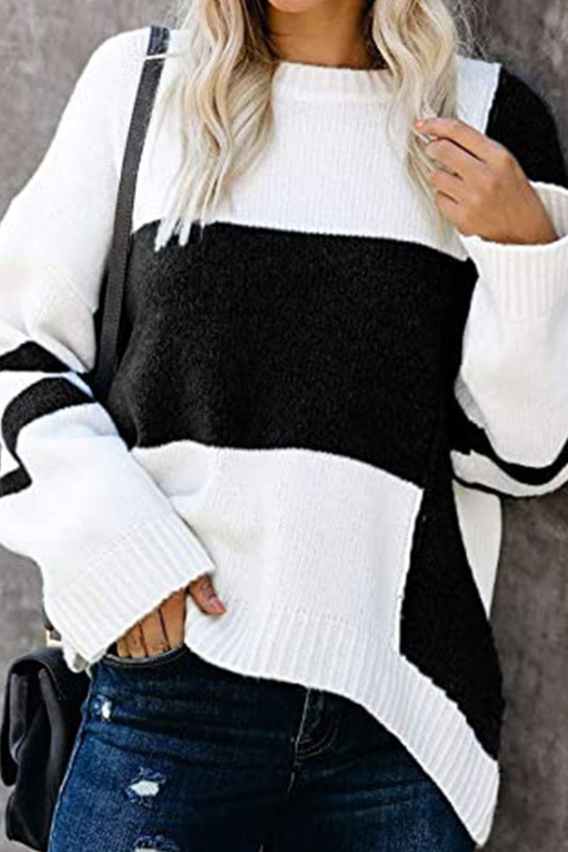 Patchwork Contrast O Neck Tops Sweater(5 Colors)