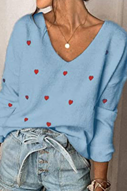 Print Basic V Neck Tops Sweater(4 Colors)