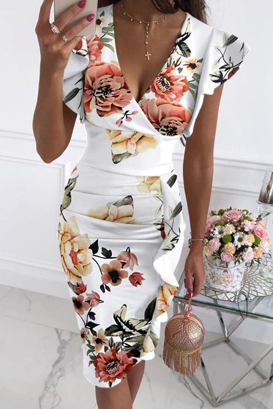 Street Print Patchwork V Neck Pencil Skirt Dresses(10 Colors)