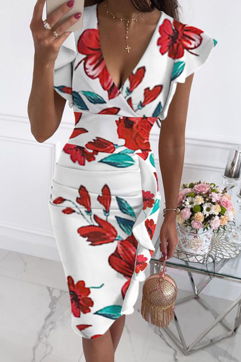 Street Print V Neck Pencil Skirt Dresses(10 Colors)