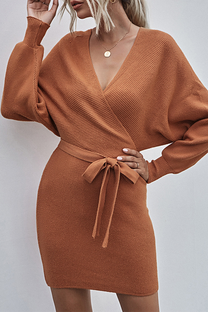 With Belt V Neck Waist Skirt Dresses