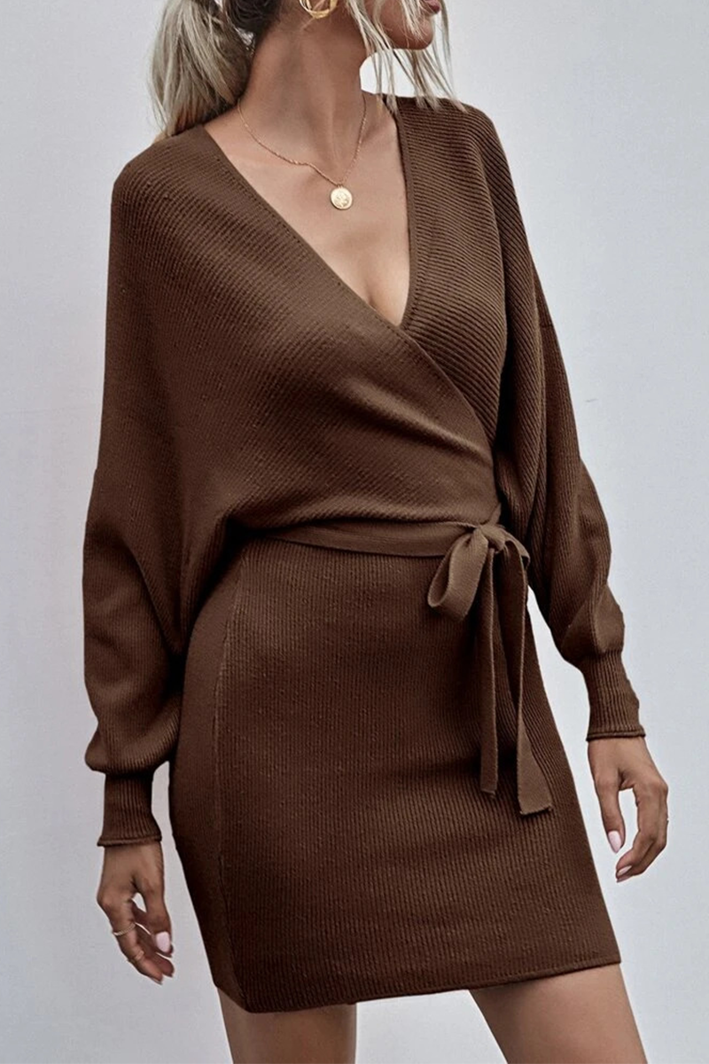 With Belt V Neck Waist Skirt Dresses