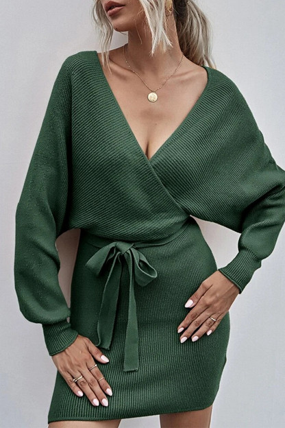 With Belt V Neck Waist Skirt Dresses
