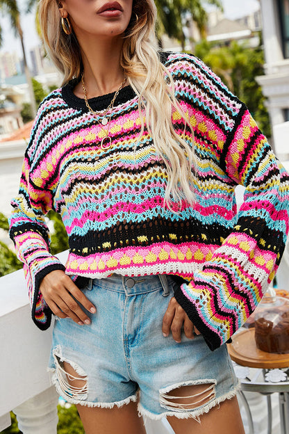Street Striped Patchwork O Neck Sweaters(3 Colors)