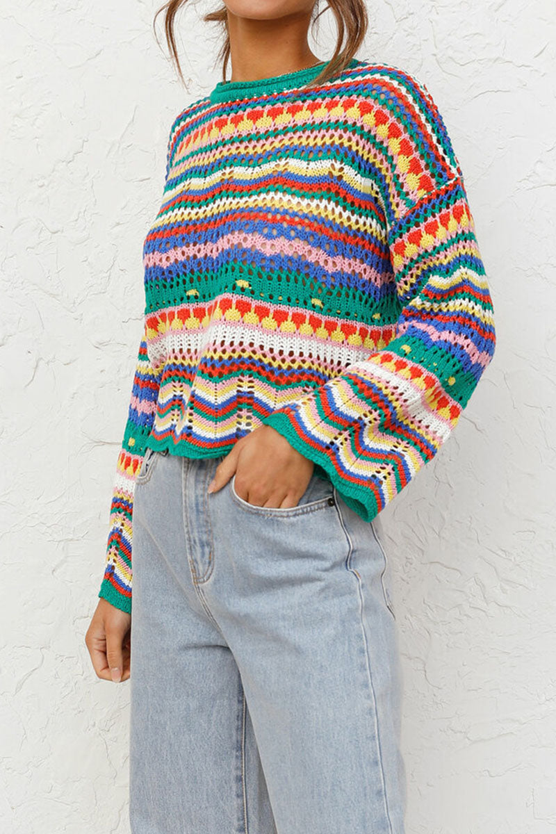 Street Striped Patchwork O Neck Sweaters(3 Colors)