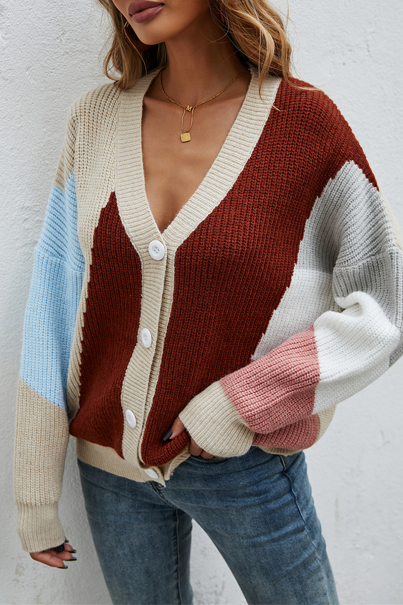 Street Color Lump Split Joint Buckle V Neck Tops Sweater
