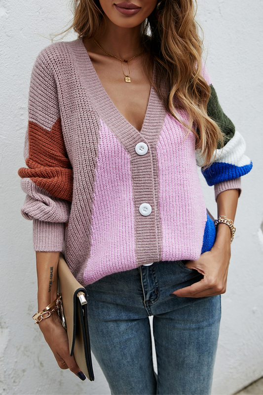 Street Color Lump Split Joint Buckle V Neck Tops Sweater