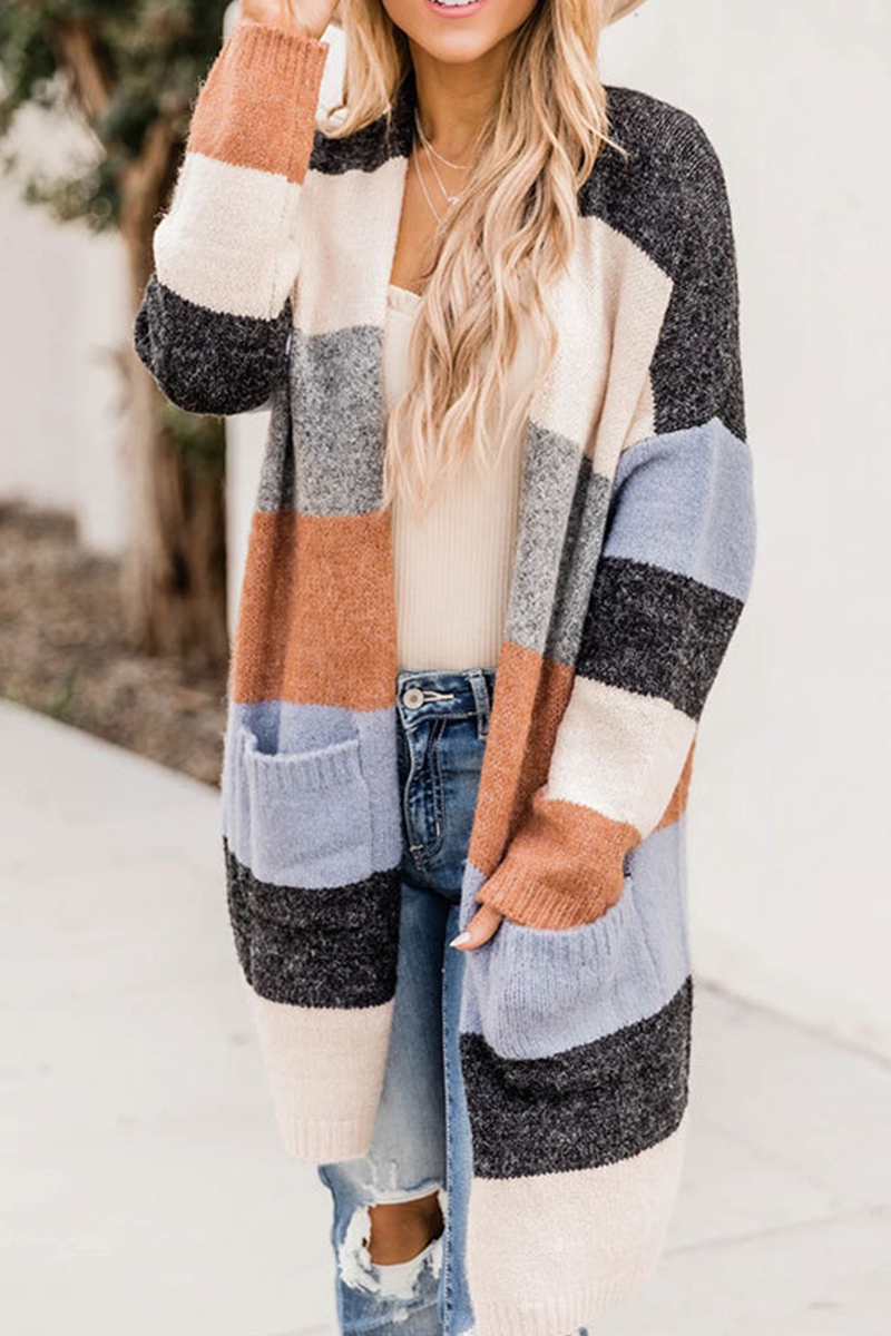 Color Lump Pocket Contrast Tops Sweater