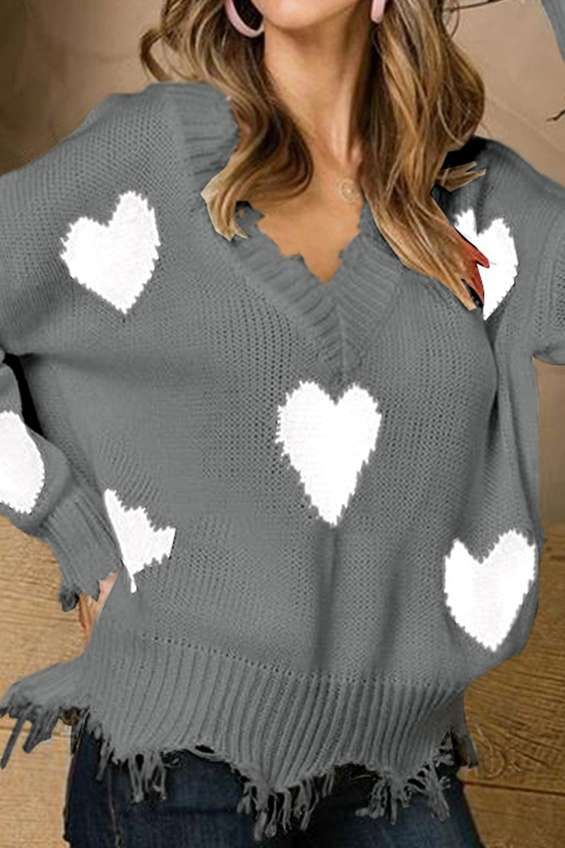 Print Tassel Contrast V Neck Tops Sweater
