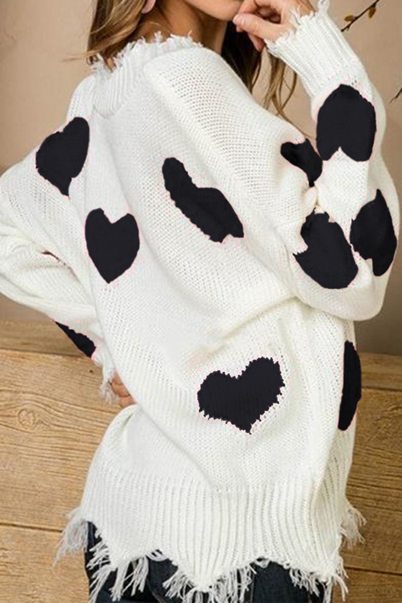 Print Tassel Contrast V Neck Tops Sweater