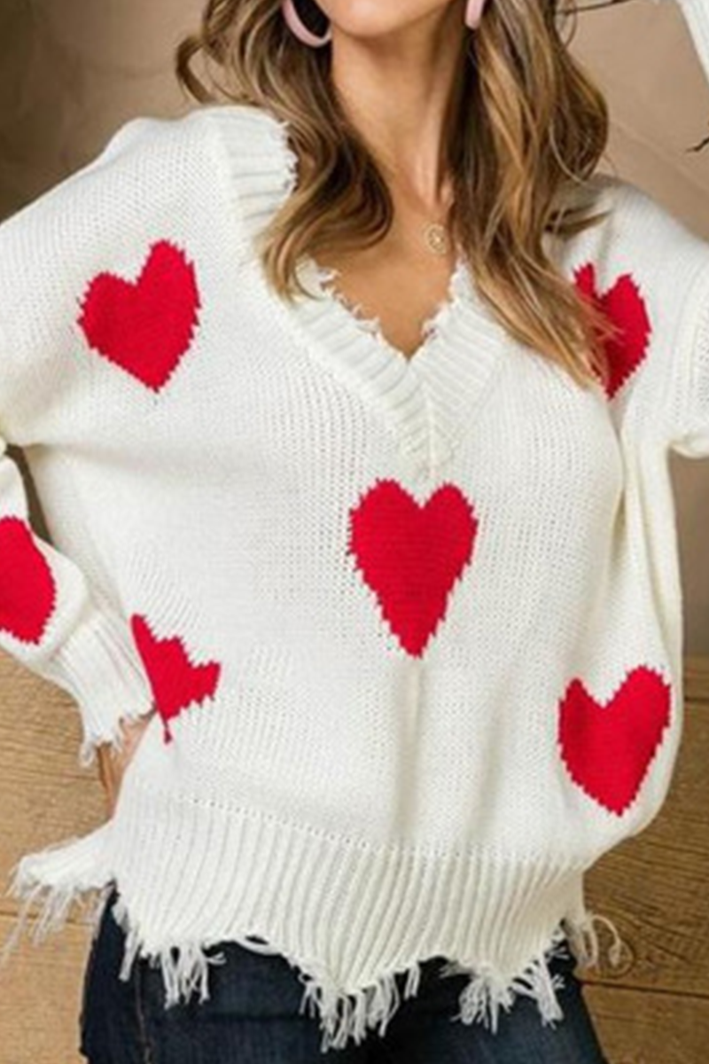 Print Tassel Contrast V Neck Tops Sweater