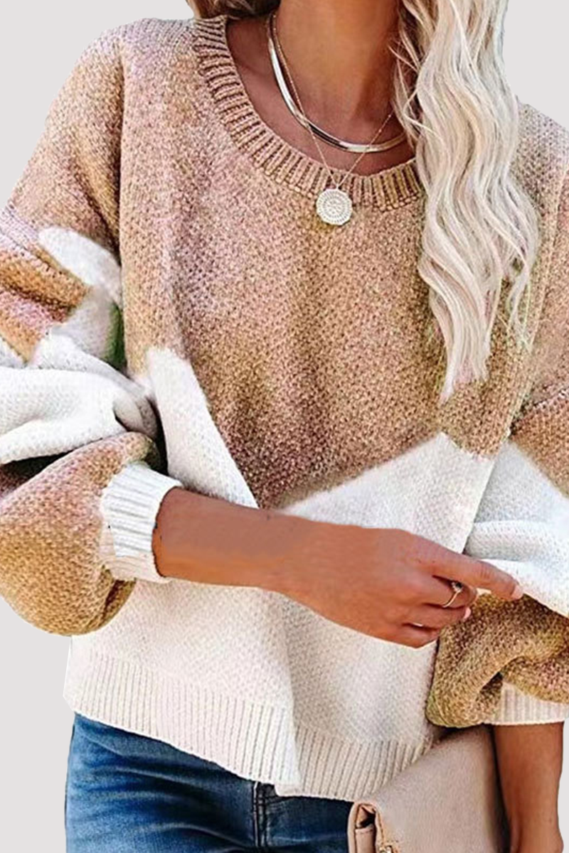 Geometric Contrast O Neck Tops Sweater