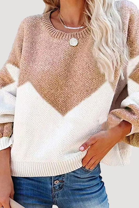 Geometric Contrast O Neck Tops Sweater