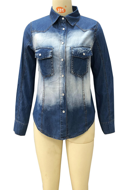 Patchwork Pocket Buckle Turndown Collar Blouses