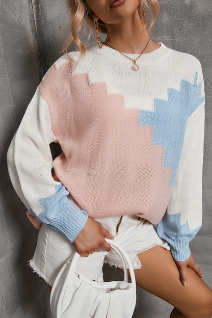 Color Lump Contrast O Neck Tops Sweater