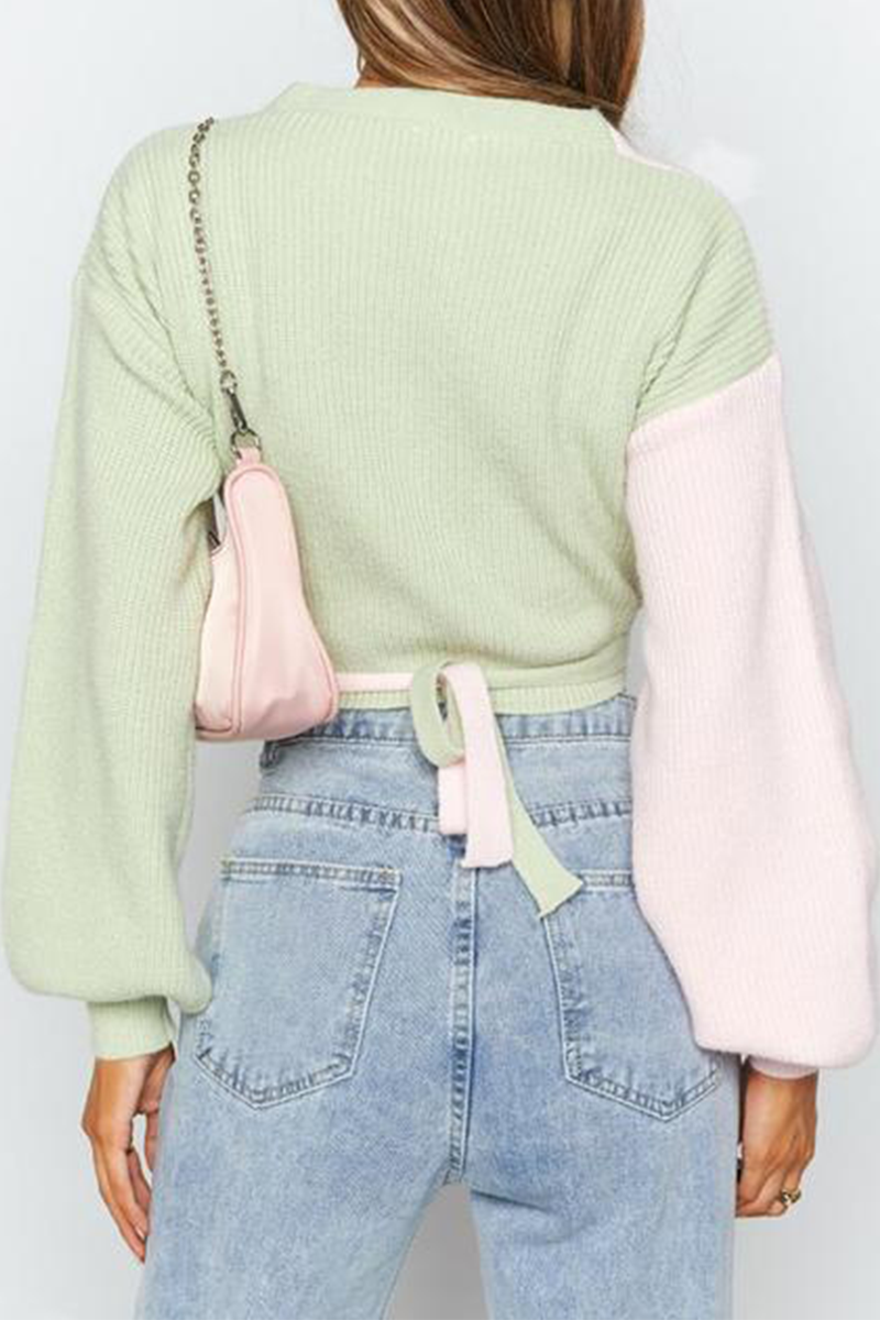 Street Patchwork Strap Design V Neck Tops Sweater