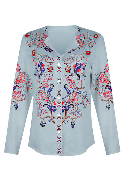 Street Print Patchwork Mandarin Collar Blouses(3 Colors)