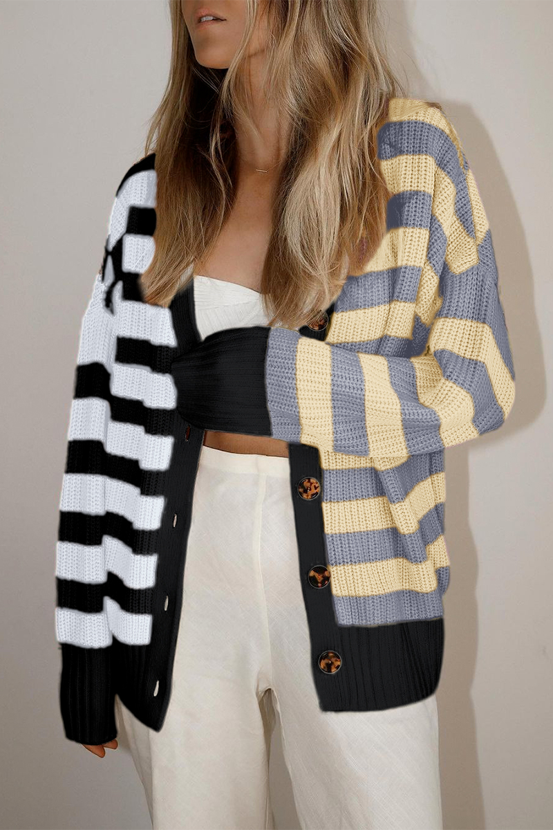 Striped Buckle V Neck Tops Sweater(3 Colors)