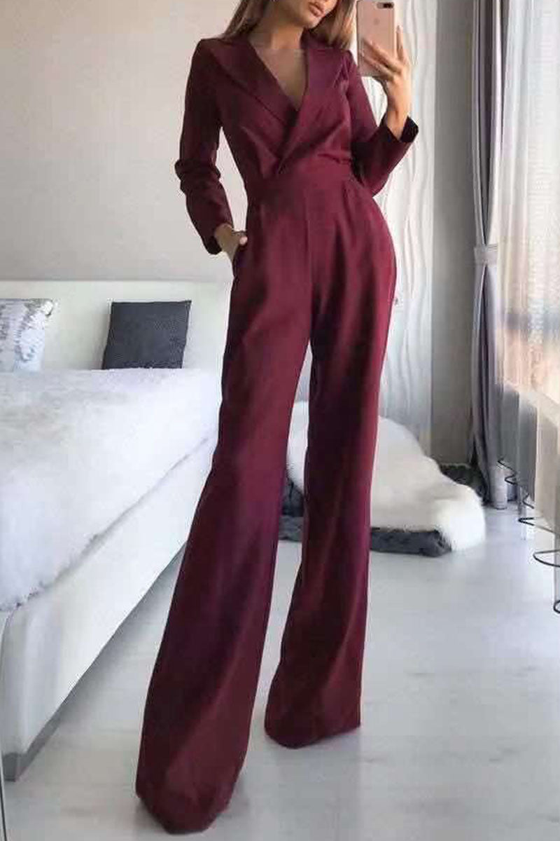 Patchwork V Neck Loose Jumpsuits