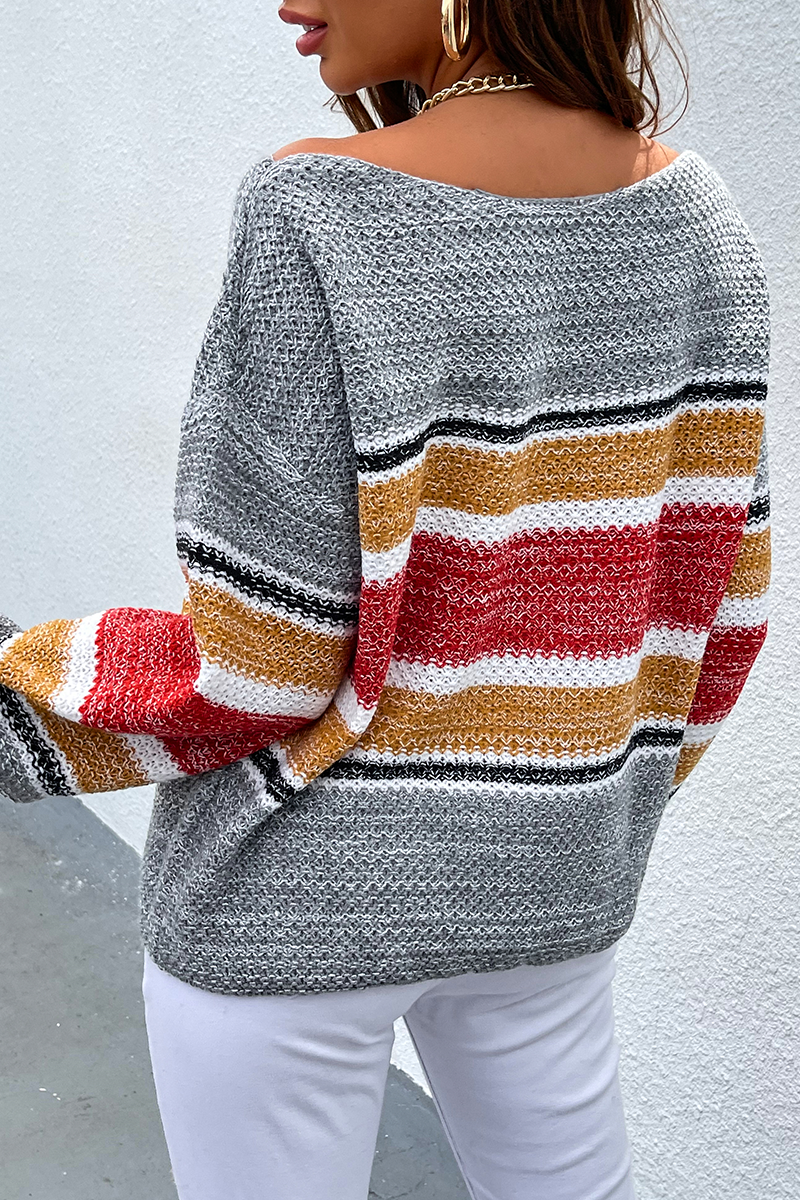 Striped Patchwork Off the Shoulder Tops Sweater