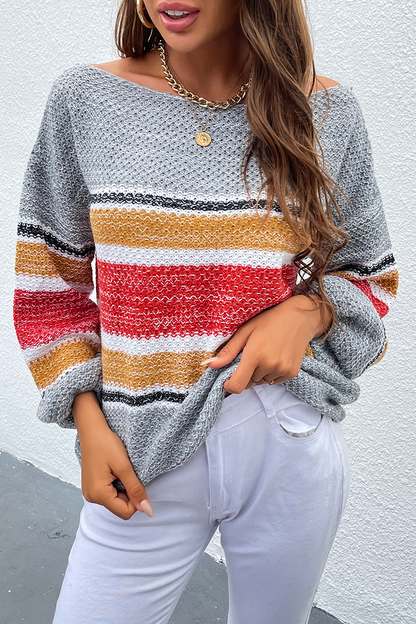Striped Patchwork Off the Shoulder Tops Sweater