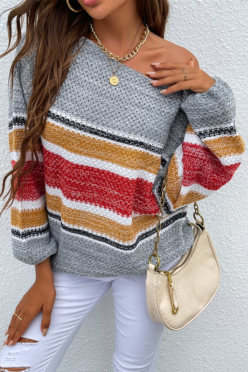 Striped Patchwork Off the Shoulder Tops Sweater