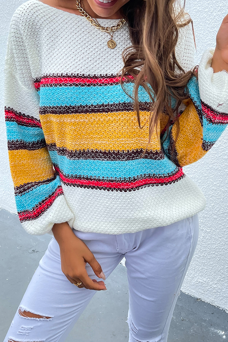 Striped Patchwork Off the Shoulder Tops Sweater