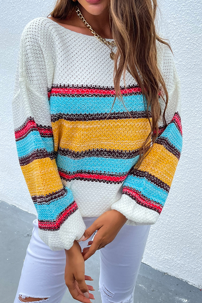 Striped Patchwork Off the Shoulder Tops Sweater