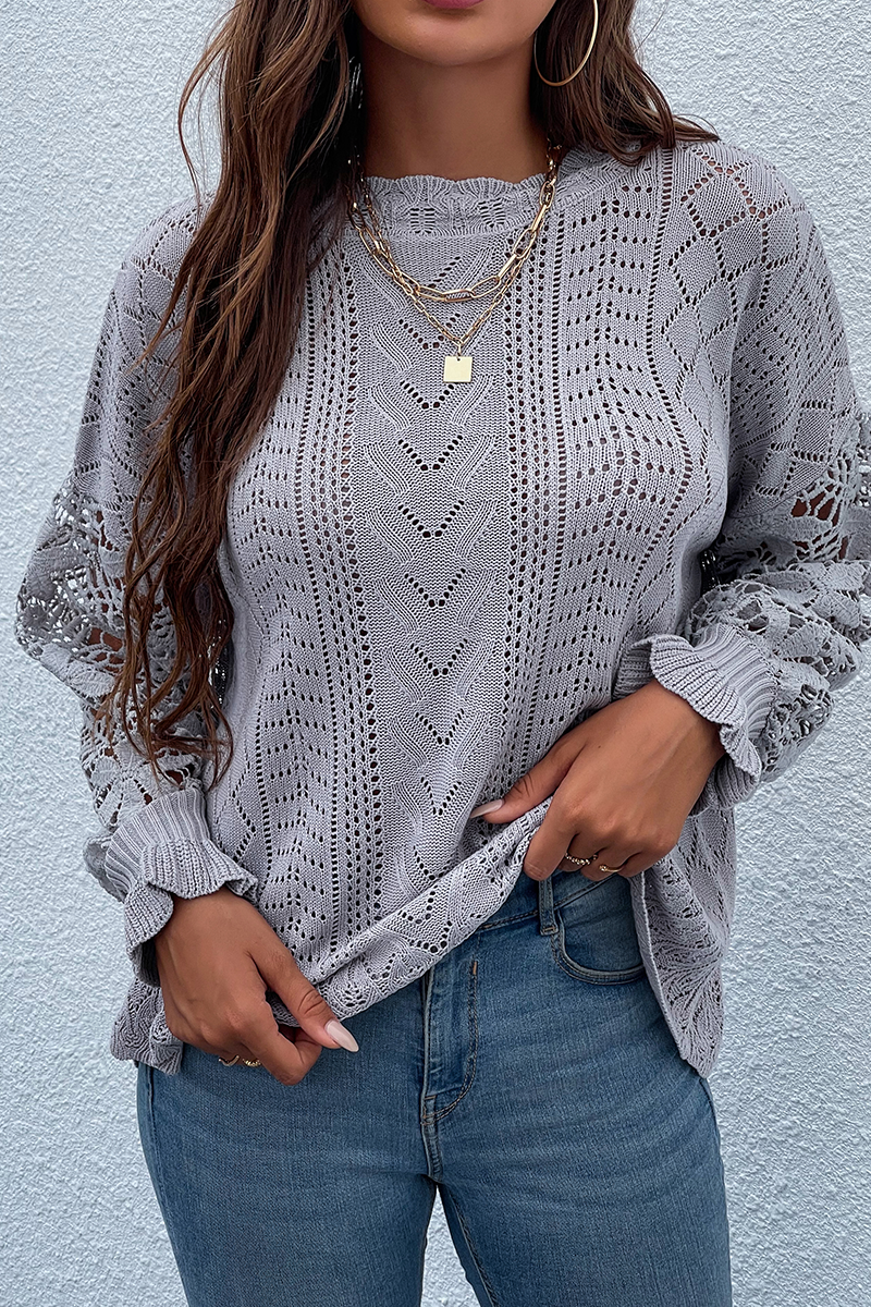 Lace Hollowed Out O Neck Tops Sweater(4 Colors)