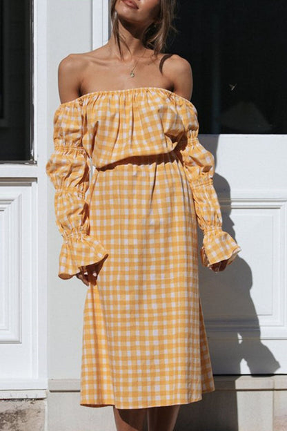 Street Plaid Patchwork Off the Shoulder Waist Skirt Dresses