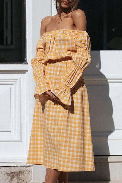 Street Plaid Patchwork Off the Shoulder Waist Skirt Dresses