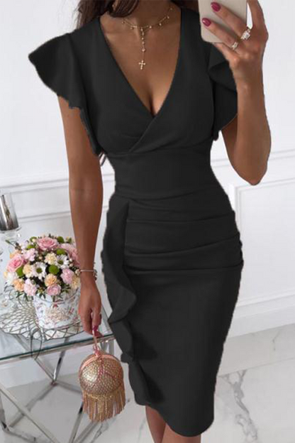 Flounce Fold V Neck Wrapped Skirt Dresses(9 Colors)