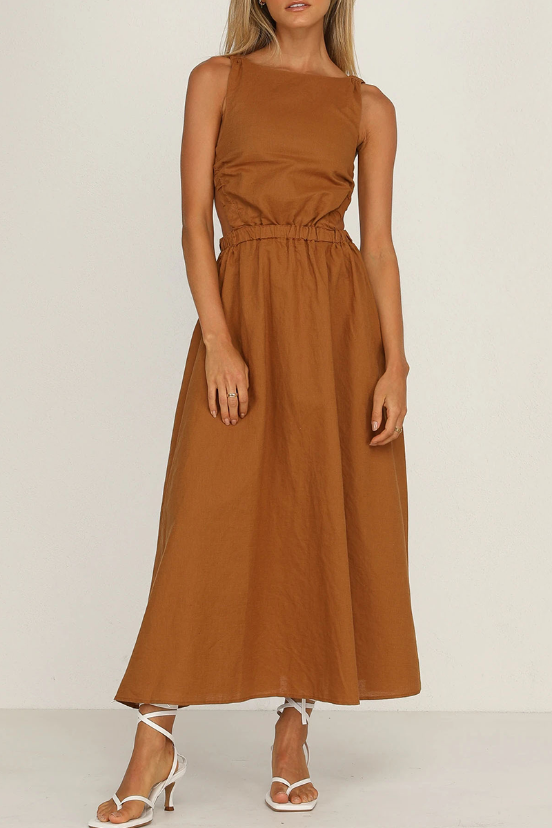 Backless O Neck Waist Skirt Dresses(4 Colors)