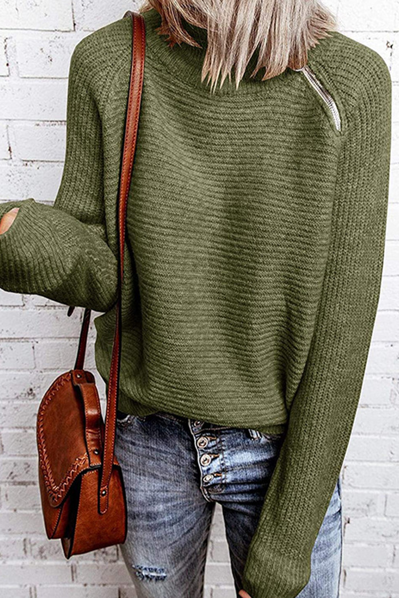 Patchwork Zipper O Neck Tops Sweater