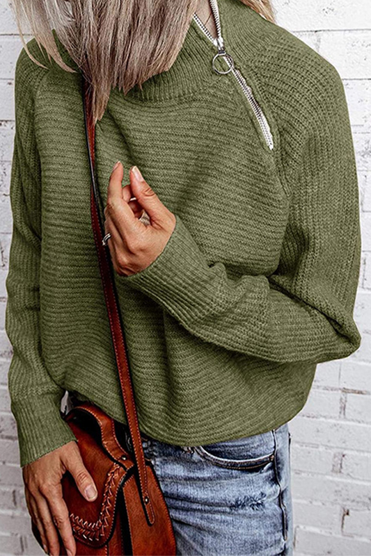 Patchwork Zipper O Neck Tops Sweater