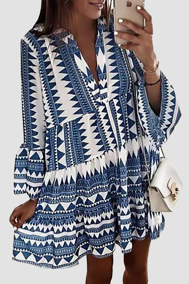 Print Patchwork Flounce V Neck Cake Skirt Dresses