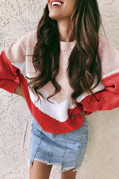 Color Lump Patchwork Contrast O Neck Sweaters(4 Colors)