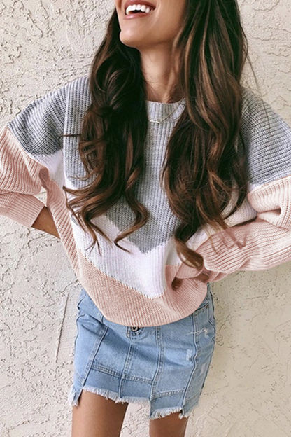Color Lump Patchwork Contrast O Neck Sweaters(4 Colors)
