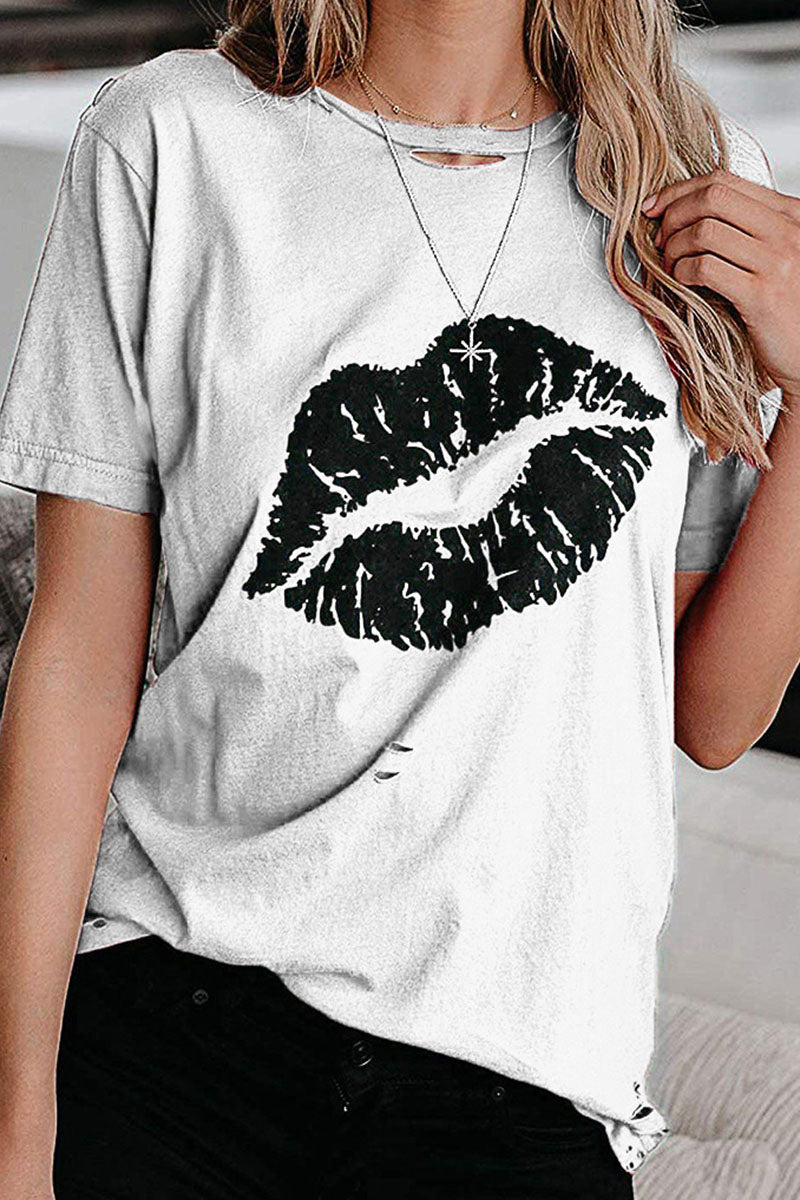 Sweet Print Split Joint O Neck T-shirts(3 Colors)