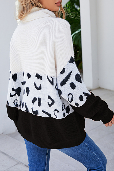 Leopard Patchwork Contrast Turtleneck Sweaters(3 Colors)