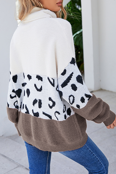 Leopard Patchwork Contrast Turtleneck Sweaters(3 Colors)