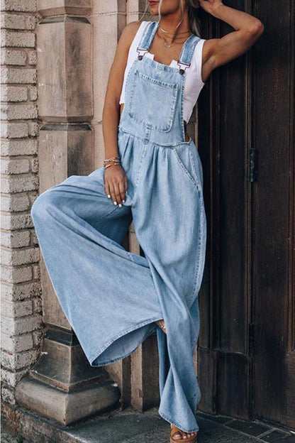 Pocket Spaghetti Strap Loose Jumpsuits(4 Colors)
