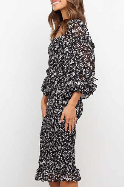 Flounce Square Collar Pencil Skirt Dresses