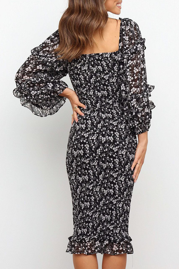 Flounce Square Collar Pencil Skirt Dresses