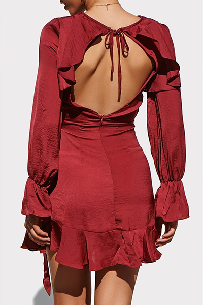 Patchwork Backless Flounce O Neck Waist Skirt Dresses