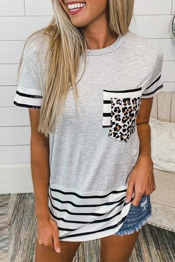 Striped Leopard Split Joint Pocket O Neck T-shirts(10 Colors)