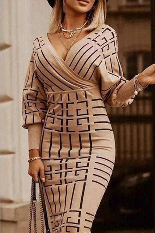 Print Patchwork V Neck Pencil Skirt Dresses(3 Colors)