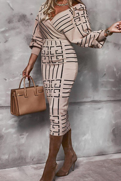 Print Patchwork V Neck Pencil Skirt Dresses(3 Colors)