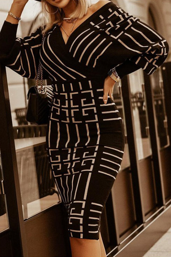 Print Patchwork V Neck Pencil Skirt Dresses(3 Colors)