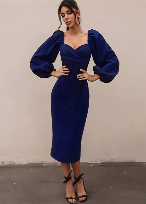 Puff Sleeve Midi Dress - Waist-cinching Silhouette
